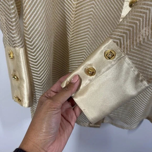 Dominique Gold Satin Button Down Blouse with Chevron Pattern Long Sleeve Size 45 - Picture 3 of 11